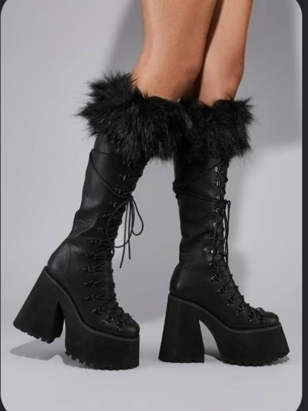 Dolls Kill Widow- Sz 8 Black Faux Fur Platform Lace-Up Knee Boots